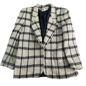 Spitalnick & Co USA Plaid Tweed Blazer Jacket Women’s Size 14 Black White *Flaw